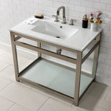 Quadras 37-Inch Ceramic Console Sink with Steel Base and Glass Shelf (8-Inch, 3-Hole)