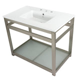 Quadras 37-Inch Ceramic Console Sink with Steel Base and Glass Shelf (8-Inch, 3-Hole)