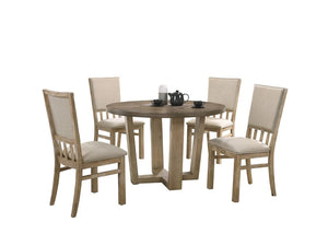 Brutus Vintage Walnut 5 Piece 47" Wide Contemporary Round Dining Table Set with Wheat Colored Fabric Chairs