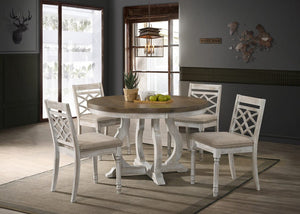 Havanna Vintage Walnut 5 Piece 47" Wide Contemporary Round Dining Table Set with Off White Fabric Chairs