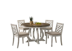 Havanna Vintage Walnut 5 Piece 47" Wide Contemporary Round Dining Table Set with Off White Fabric Chairs