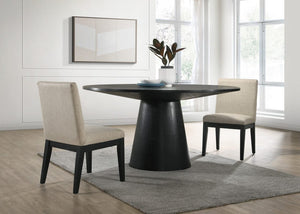 Jasper Ebony Black 3 Piece 59" Wide Contemporary Round Dining Table Set with Beige Fabric Chairs