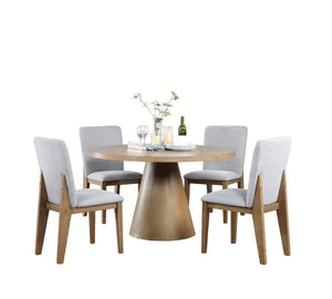 Delphine 5 Piece Round Oak Finish Dining Table Set with Gray Chairs
