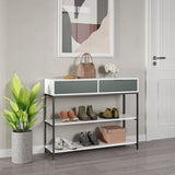 Louie White and Light Green Wood Console Table Steel Frame with Shelves and Drawers