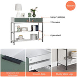 Louie White and Light Green Wood Console Table Steel Frame with Shelves and Drawers