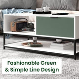 Watson White and Green Wood Coffee Table Steel Frame with Shelves and Drawer