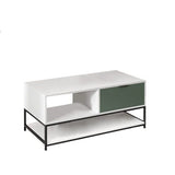 Watson White and Green Wood Coffee Table Steel Frame with Shelves and Drawer