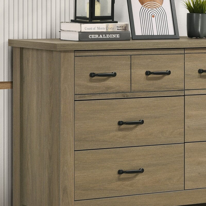 Finn Coffee Gray Oak Finish Dresser with 6 Drawers and Black Handles