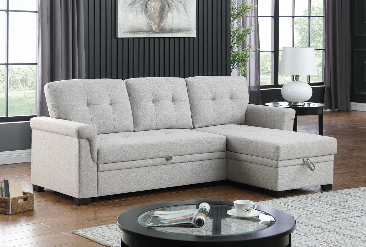 Lucca Light Gray Linen Reversible Sleeper Sectional Sofa with Storage