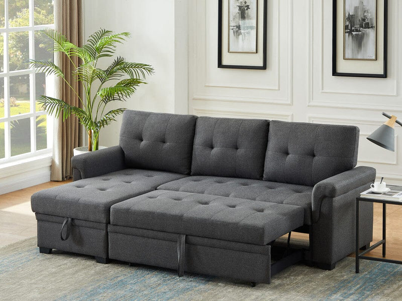 Lucca Dark Gray Linen Reversible Sleeper Sectional Sofa with Storage Chaise