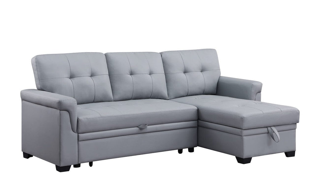 Lexi Gray Vegan Leather Modern Reversible Sleeper Sectional Sofa with Storage Chaise