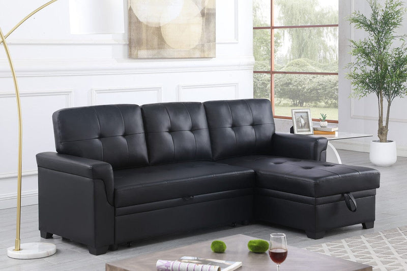 Lexi Black Vegan Leather Modern Reversible Sleeper Sectional Sofa with Storage Chaise