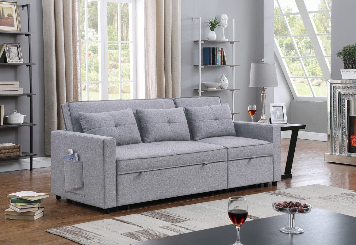 Zoey Light Gray Linen Convertible Sleeper Sofa with Side Pocket ...