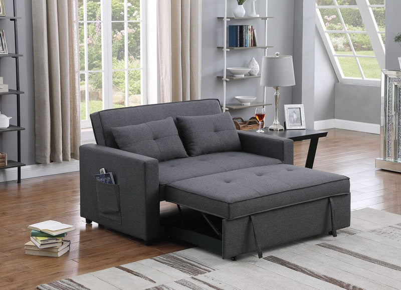 Zoey Dark Gray Linen Convertible Sleeper Loveseat with Side Pocket