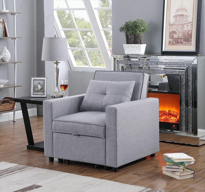 Zoey Light Gray Linen Convertible Sleeper Chair with Side Pocket ...