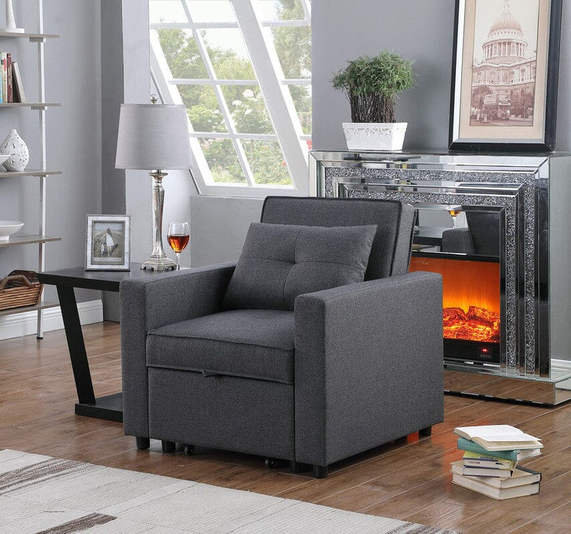 Zoey Dark Gray Linen Convertible Sleeper Chair with Side Pocket