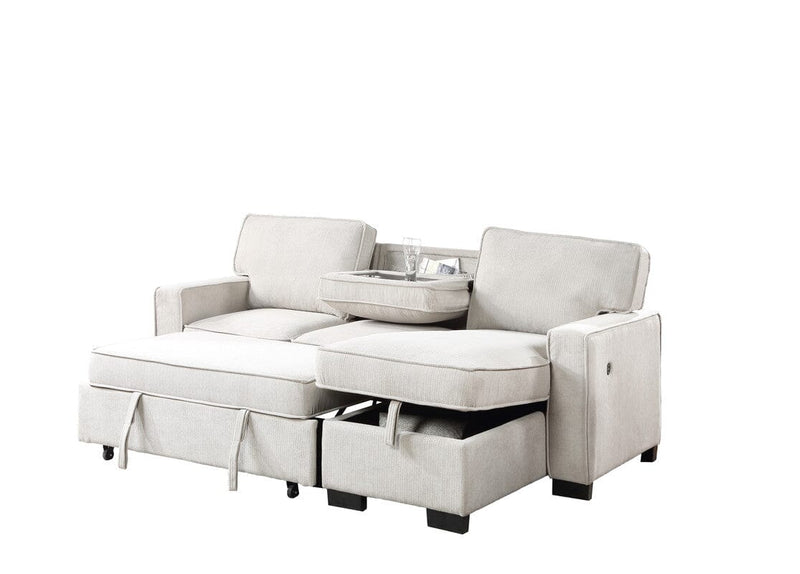 Estelle Beige Fabric Reversible Sleeper Sectional with Storage Chaise Drop-Down Table 2 Cup Holders and 2USB Ports