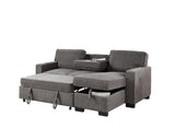 Estelle Dark Gray Fabric Reversible Sleeper Sectional with Storage Chaise Drop-Down Table 2 Cup Holders and 2 USB Ports