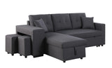 Dennis Dark Gray Linen Fabric Reversible Sleeper Sectional with Storage Chaise and 2 Stools