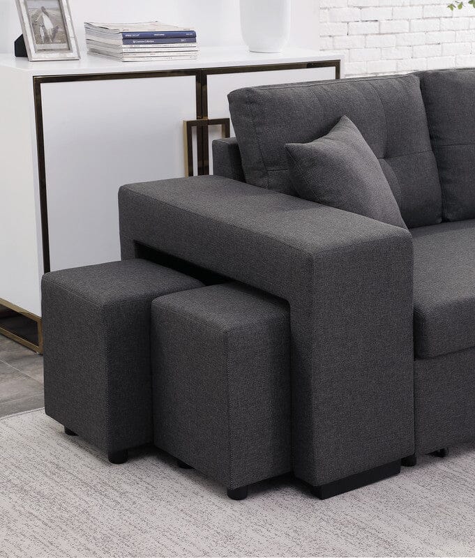 Dennis Dark Gray Linen Fabric Reversible Sleeper Sectional with Storage Chaise and 2 Stools