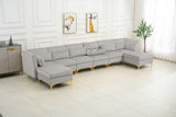 Jaka Light Gray Woven Fabric 6-Seater Sofa with Dropdown Table and Ottoman