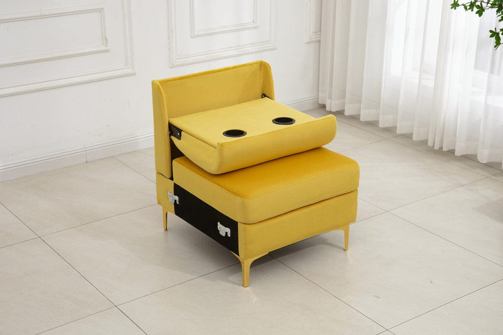 Jaka Yellow Woven Fabric 6-Seater Sofa with Dropdown Table and Ottoman