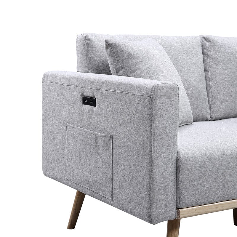 Easton Light Gray Linen Fabric Loveseat with USB Charging Ports Pockets & Pillows