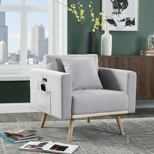 Easton Light Gray Linen Fabric Chair with USB Charging Ports Pockets & Pillows