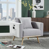 Easton Light Gray Linen Fabric Chair with USB Charging Ports Pockets & Pillows