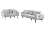 Easton Light Gray Linen Fabric Sofa Loveseat Living Room Set with USB Charging Ports Pockets & Pillows