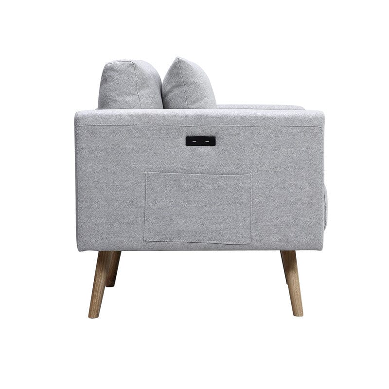 Easton Light Gray Linen Fabric Sofa with USB Charging Ports Pockets & Pillows