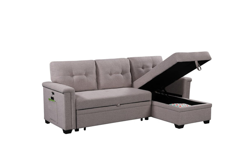 Ashlyn Light Gray Reversible Sleeper Sectional Sofa with Storage Chaise, USB Charging Ports and Pocket