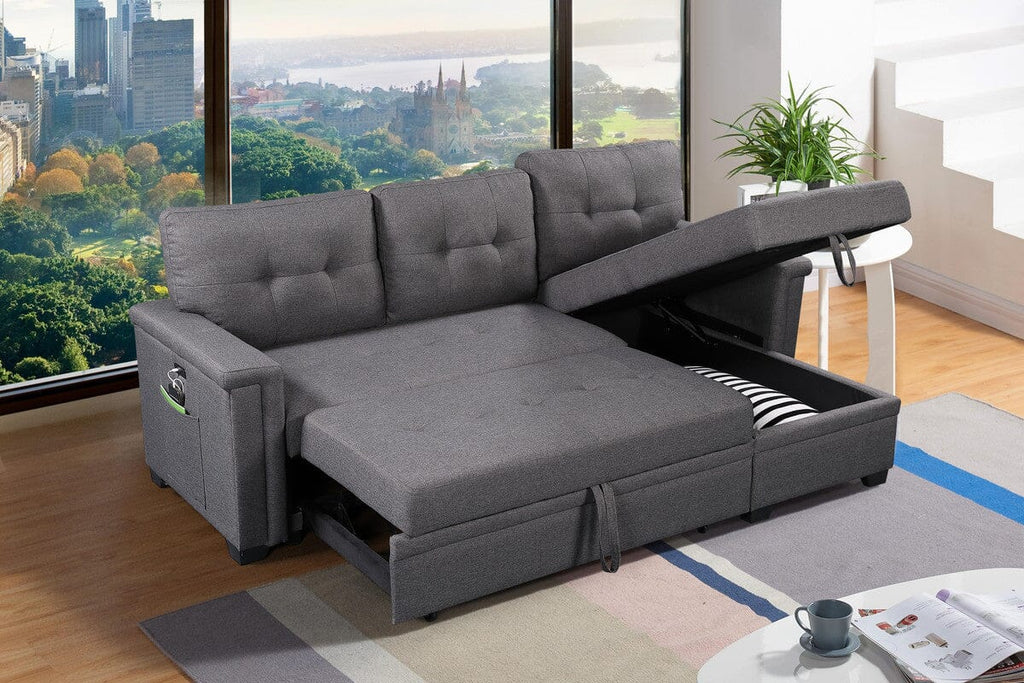 Ashlyn Dark Gray Reversible Sleeper Sectional Sofa with Storage Chaise, USB Charging Ports and Pocket