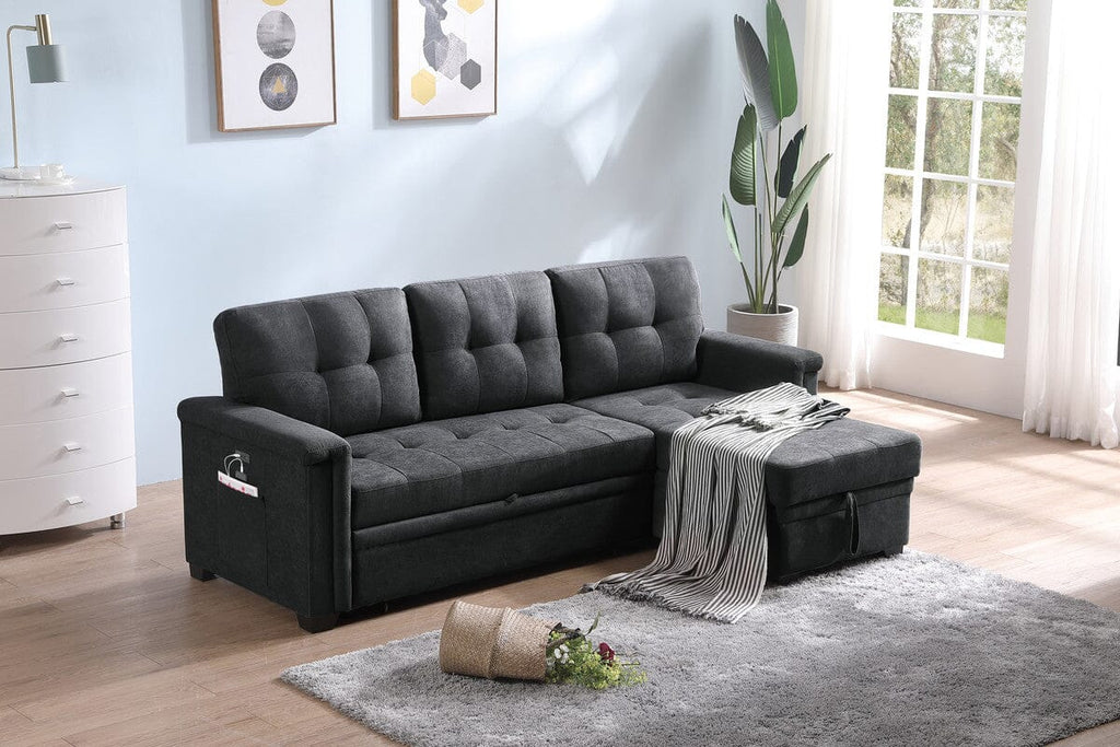 Ashlyn Dark Gray Woven Fabric Sleeper Sectional Sofa Chaise with USB Charger and Tablet Pocket