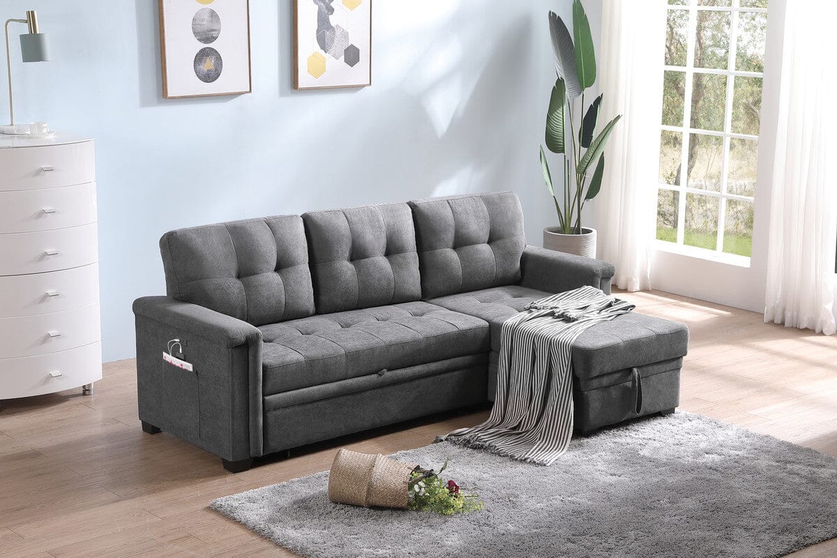 Ashlyn Gray Woven Fabric Sleeper Sectional Sofa Chaise with USB Charge ...