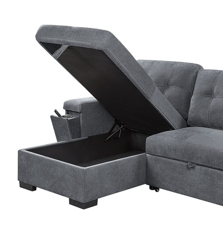 Toby Gray Woven Fabric Reversible Sleeper Sectional Sofa with Storage Chaise Cup Holder USB Ports and Pockets