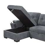 Toby Gray Woven Fabric Reversible Sleeper Sectional Sofa with Storage Chaise Cup Holder USB Ports and Pockets