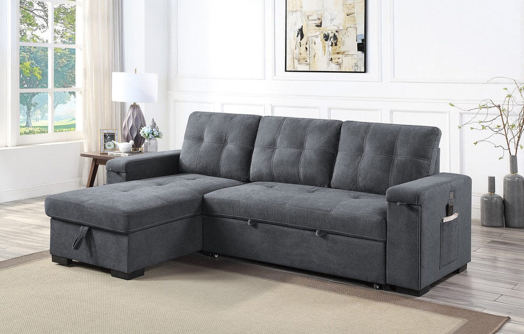 Toby Gray Woven Fabric Reversible Sleeper Sectional Sofa with Storage Chaise Cup Holder USB Ports and Pockets