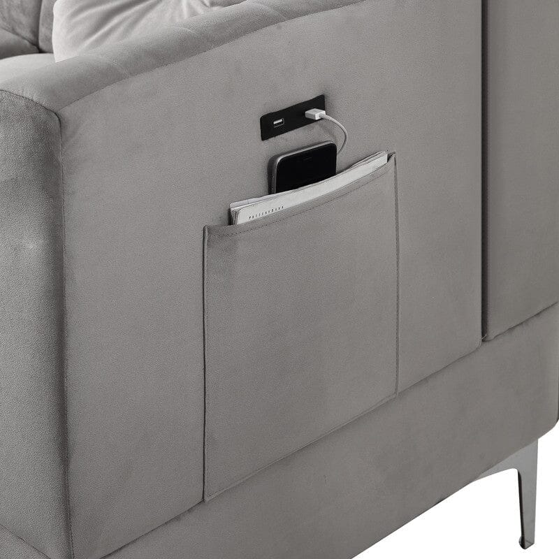 Chloe Gray Velvet Sectional Sofa Chaise with USB Charging Port