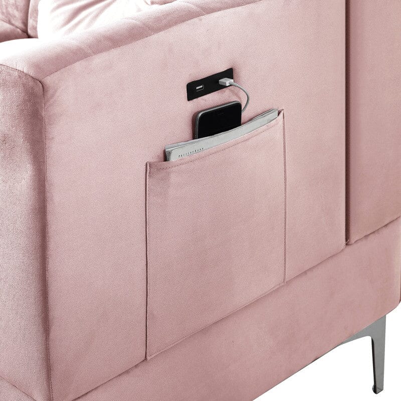 Chloe Pink Velvet Sectional Sofa Chaise with USB Charging Port