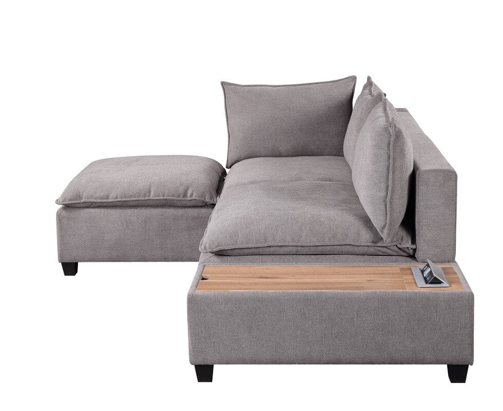 Madison Light Gray Fabric Sectional Loveseat Ottoman with USB Storage Console Table