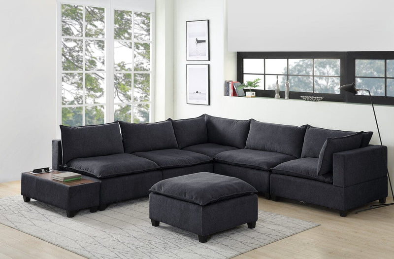 Madison Dark Gray Fabric 7Pc Modular Sectional Sofa with Ottoman and USB Storage Console Table