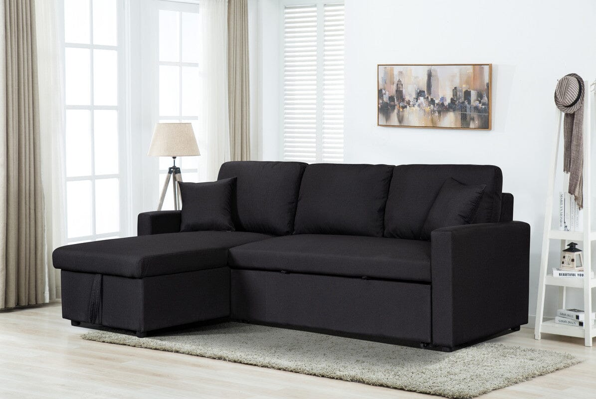 Paisley Black Linen Fabric Reversible Sleeper Sectional Sofa with Stor ...