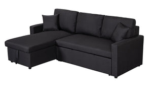 Paisley Black Linen Fabric Reversible Sleeper Sectional Sofa with Storage Chaise