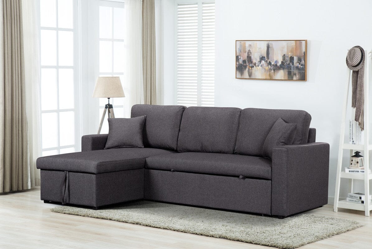 Paisley Dark Gray Linen Fabric Reversible Sleeper Sectional Sofa with ...