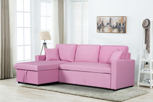 Paisley Pink Linen Fabric Reversible Sleeper Sectional Sofa with Storage Chaise