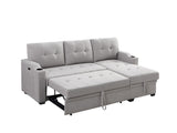 Mabel Light Gray Linen Fabric Sleeper Sectional with cupholder, USB charging port and pocket