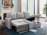 Mabel Light Gray Linen Fabric Sleeper Sectional with cupholder, USB charging port and pocket