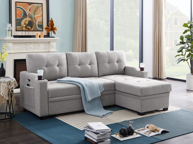 Mabel Light Gray Linen Fabric Sleeper Sectional with cupholder, USB charging port and pocket