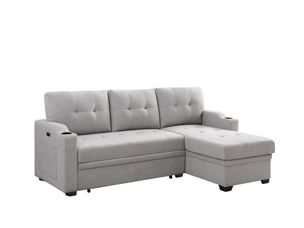 Mabel Light Gray Linen Fabric Sleeper Sectional with cupholder, USB charging port and pocket